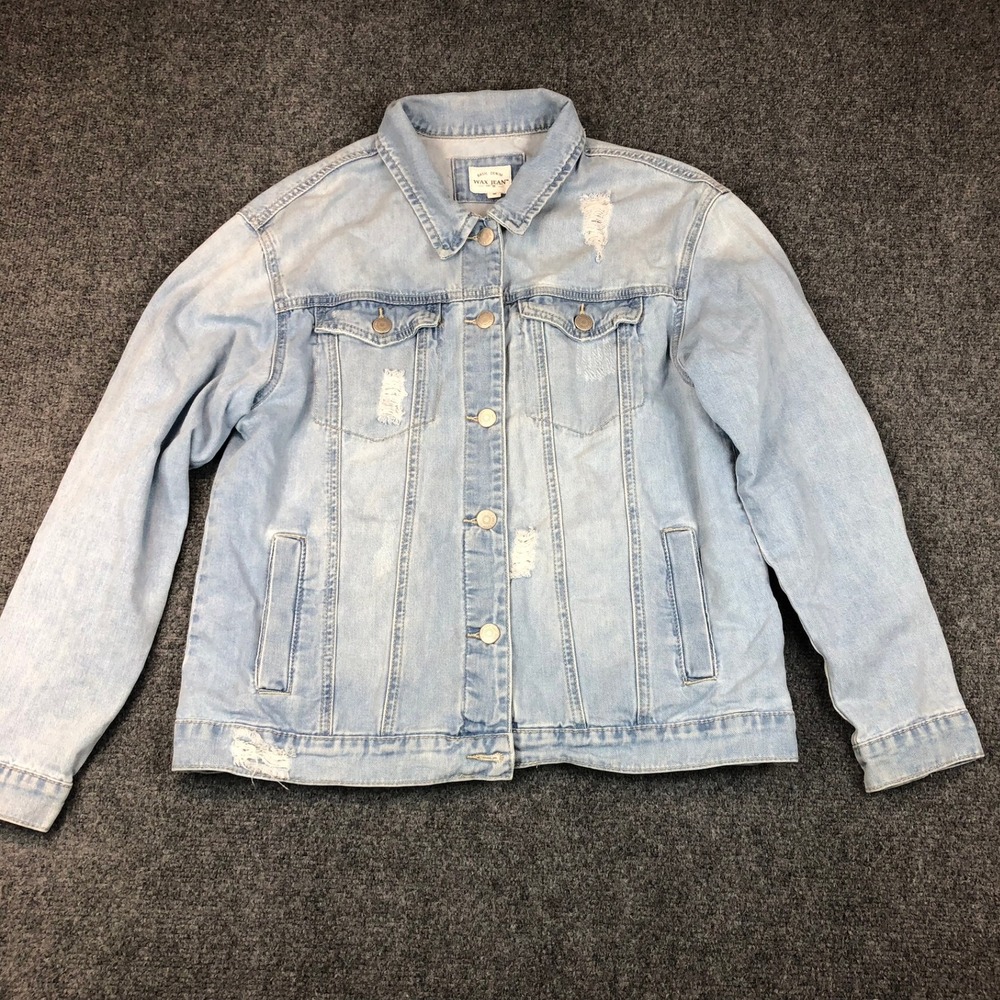 Wax Jean Distressed Light Wash Denim Trucker Jacket Women Medium Blue Distressed